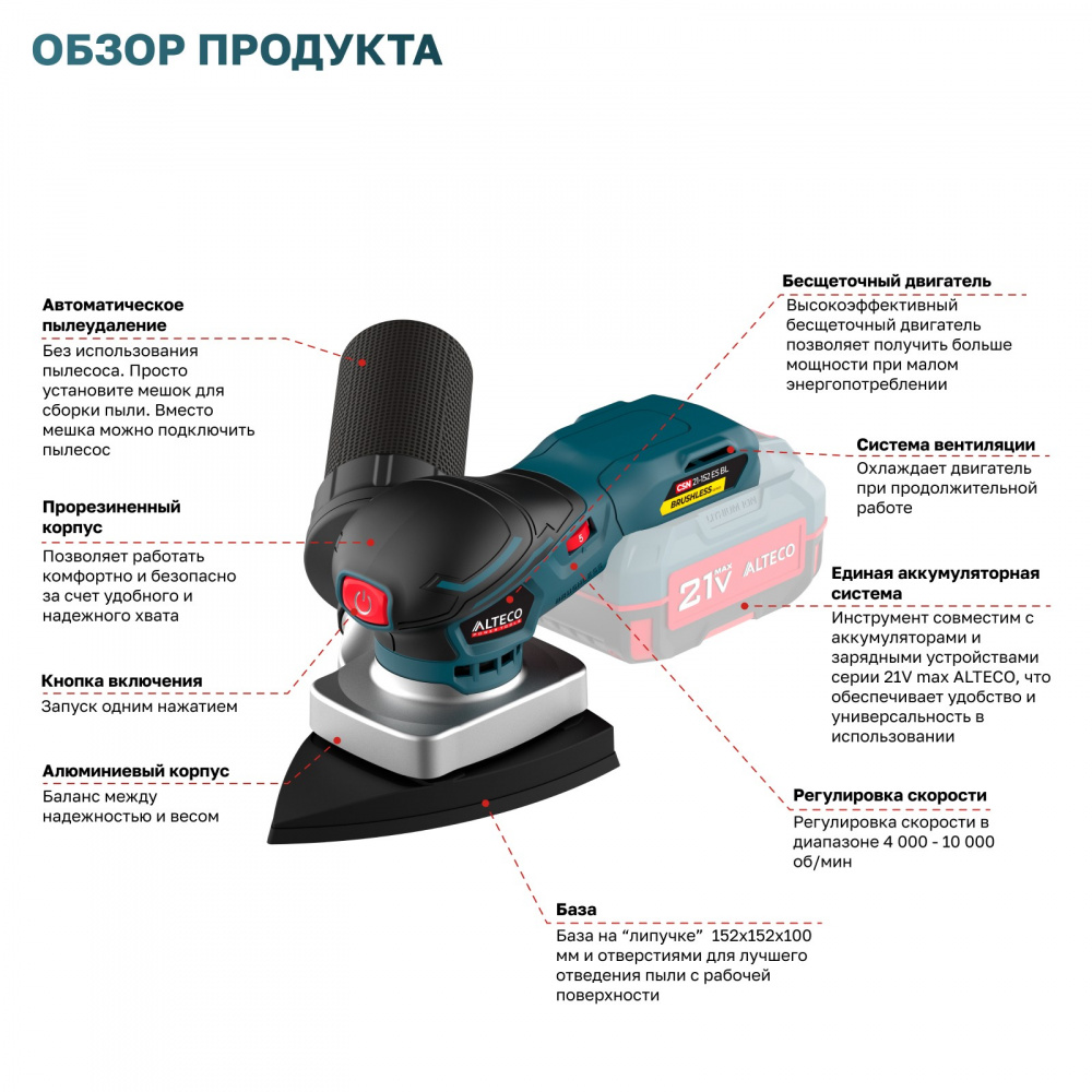 Бесщеточная аккумуляторная эксцентриковая шлифмашина CSN 21-152 ES BL Solo (без АКБиЗУ) ALTECO 78003